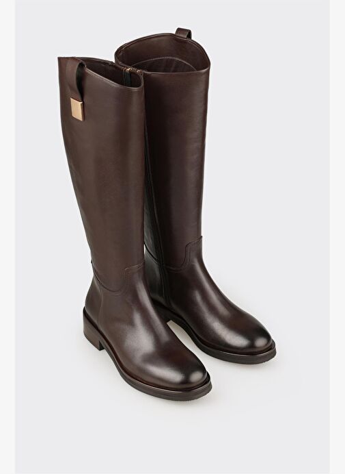 Kahve Deri Kadın Düz Çizme - Görsel 3
