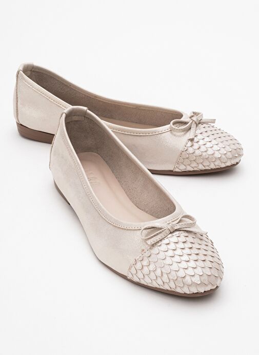 02 Bej Simli Hakiki Deri Kadın Babet Ayakkabı - Görsel 2