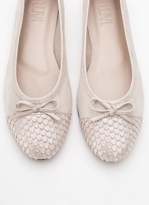 02 Bej Simli Hakiki Deri Kadın Babet Ayakkabı - Görsel 3