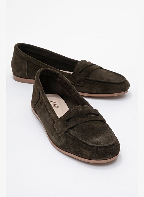 F02 Yeşil Süet Hakiki Deri Kadın Loafer Ayakkabı - Görsel 2