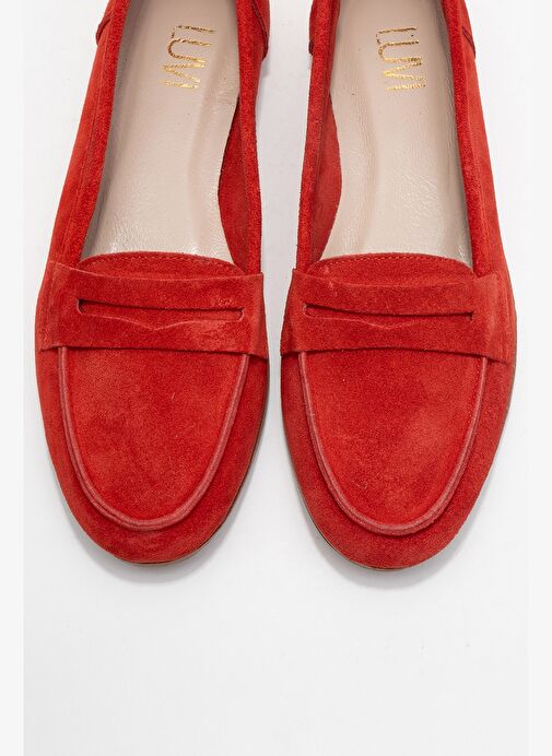 F02 Kırmızı Süet Hakiki Deri Kadın Loafer Ayakkabı - Görsel 3