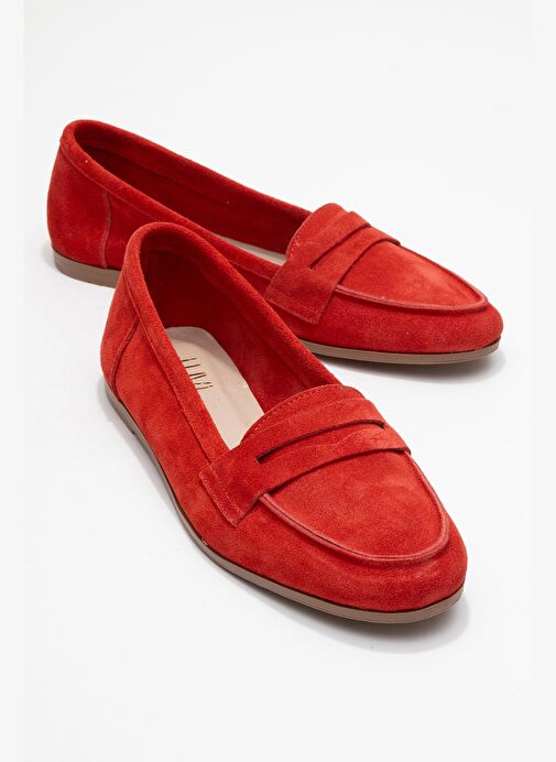 F02 Kırmızı Süet Hakiki Deri Kadın Loafer Ayakkabı - Görsel 2