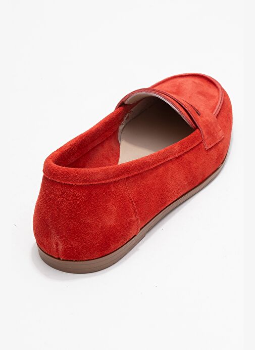 F02 Kırmızı Süet Hakiki Deri Kadın Loafer Ayakkabı - Görsel 6