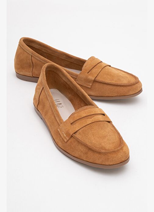 F02 Taba Süet Hakiki Deri Kadın Loafer Ayakkabı - Görsel 2