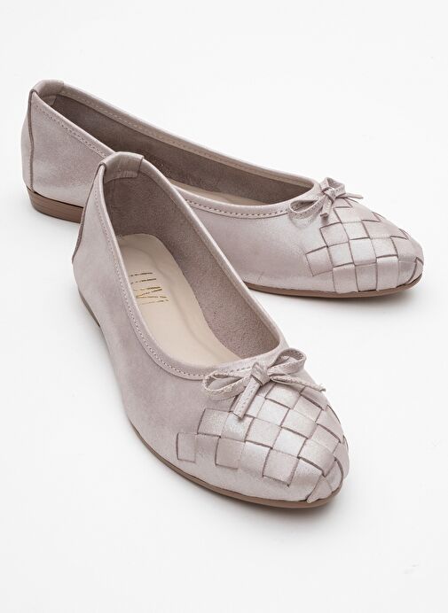 03 Bej Simli Hakiki Deri Kadın Babet Ayakkabı - Görsel 2