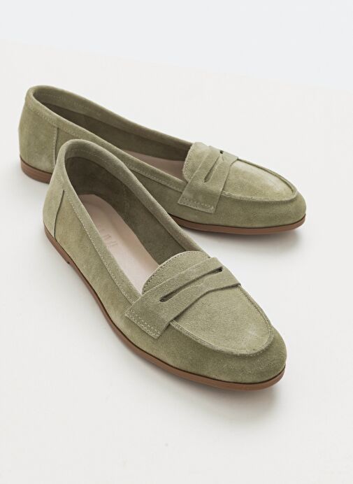 F02 Açık Yeşil Süet Hakiki Deri Kadın Loafer Ayakkabı - Görsel 2