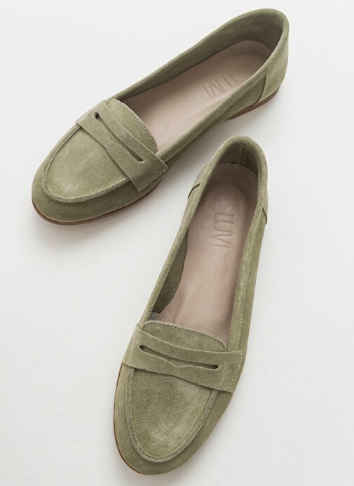 F02 Açık Yeşil Süet Hakiki Deri Kadın Loafer Ayakkabı - Görsel 3