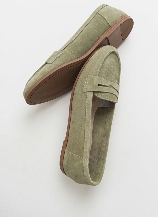 F02 Açık Yeşil Süet Hakiki Deri Kadın Loafer Ayakkabı - Görsel 4