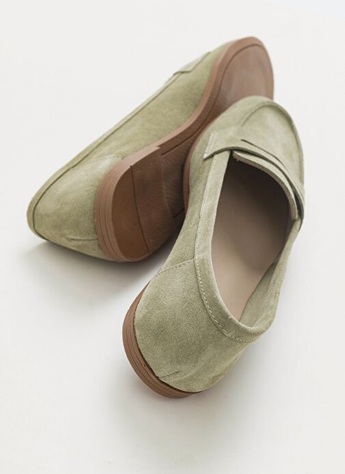 F02 Açık Yeşil Süet Hakiki Deri Kadın Loafer Ayakkabı - Görsel 5