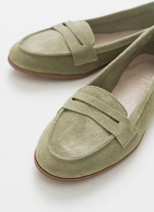 F02 Açık Yeşil Süet Hakiki Deri Kadın Loafer Ayakkabı - Görsel 6