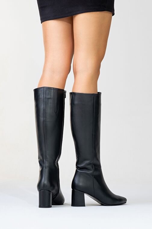 SEJAS Siyah Hakiki Deri Kadın Topuklu Çizme - Görsel 7