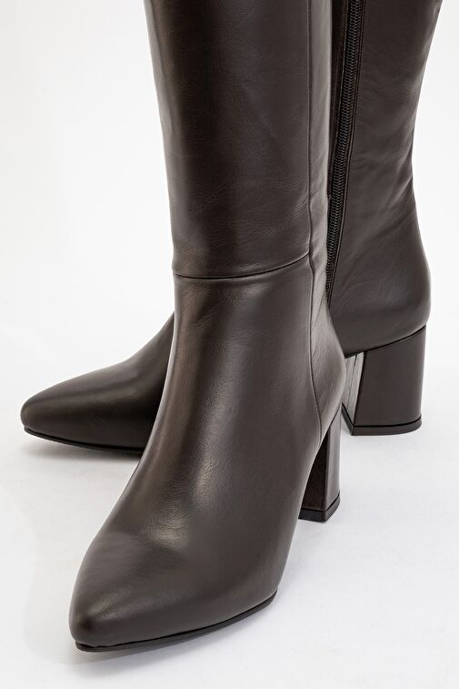 SEJAS Kahverengi Hakiki Deri Kadın Topuklu Çizme - Görsel 4