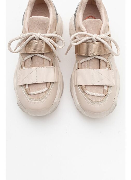 LULEN Bej Rose Sim Yazılı Cırtlı Kadın Spor Sneakers - Görsel 3