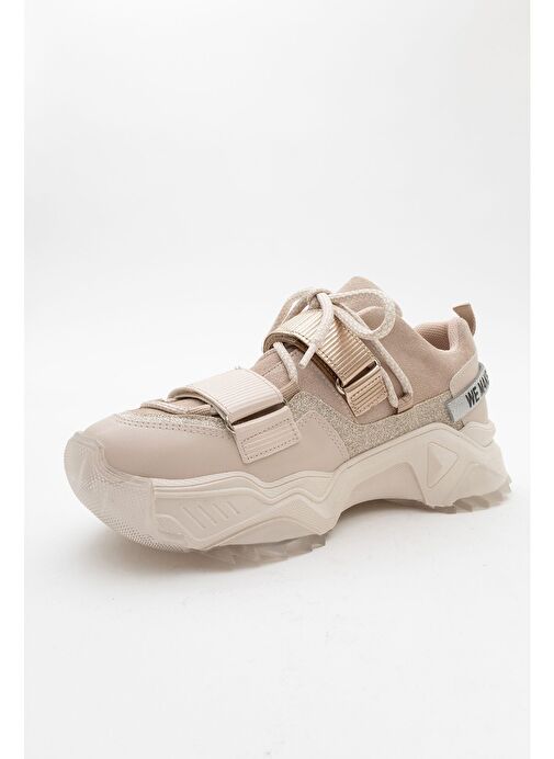 LULEN Bej Rose Sim Yazılı Cırtlı Kadın Spor Sneakers - Görsel 4