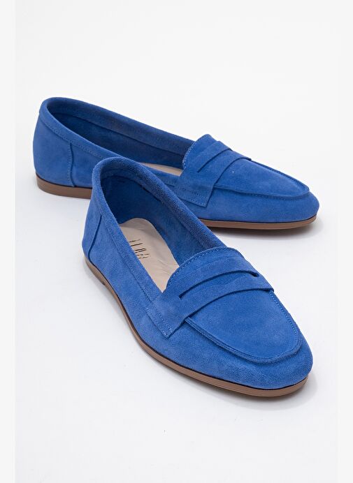 F02 Mavi Süet Hakiki Deri Kadın Loafer Ayakkabı - Görsel 2