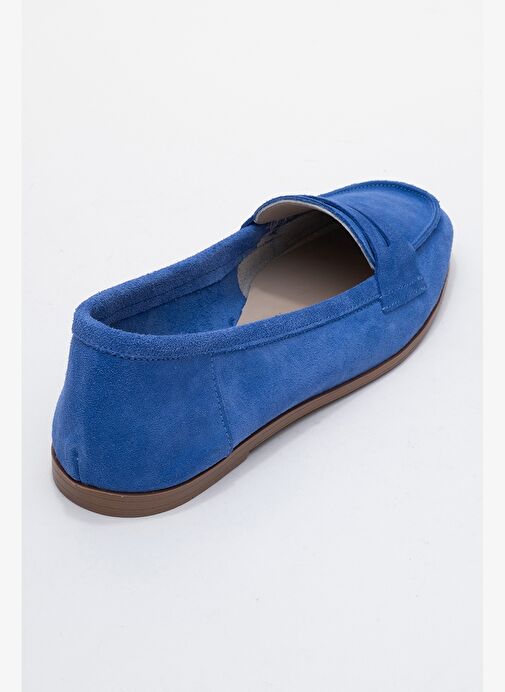 F02 Mavi Süet Hakiki Deri Kadın Loafer Ayakkabı - Görsel 6