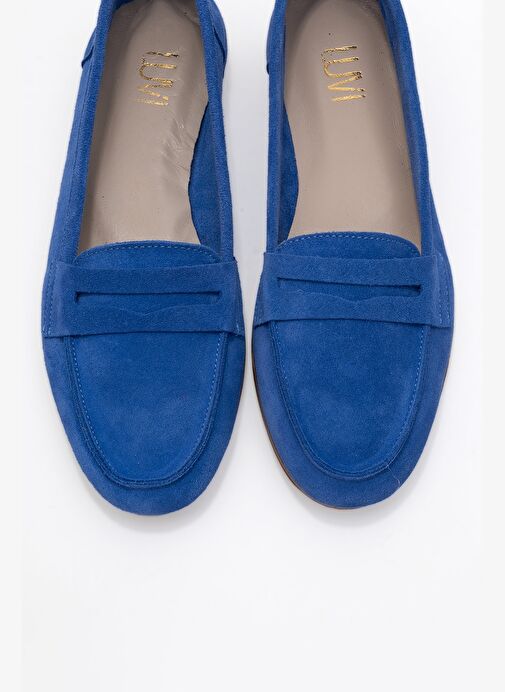 F02 Mavi Süet Hakiki Deri Kadın Loafer Ayakkabı - Görsel 3