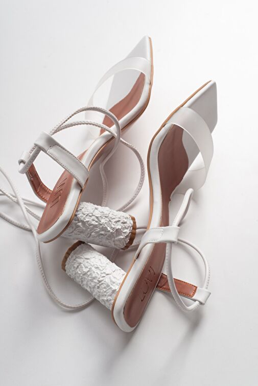 801 Beyaz Cilt Topuklu Kadın Sandalet - Görsel 5