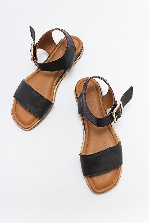 713 Hakıkı Derı Sıyah Kadın Sandalet - Görsel 3