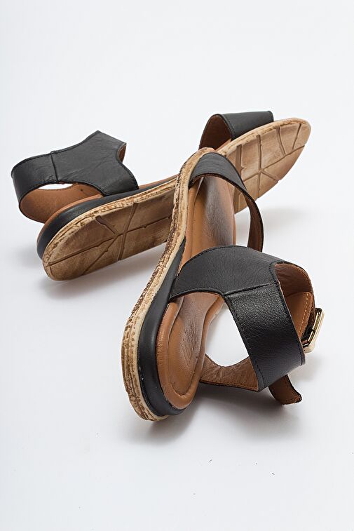 713 Hakıkı Derı Sıyah Kadın Sandalet - Görsel 4