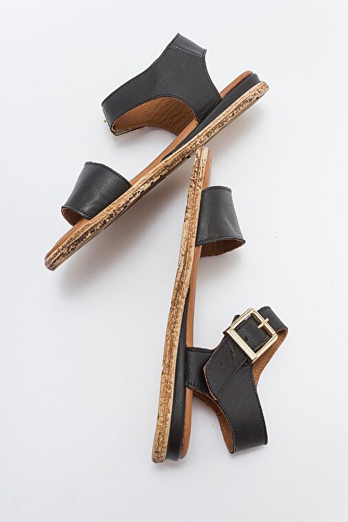 713 Hakıkı Derı Sıyah Kadın Sandalet - Görsel 5