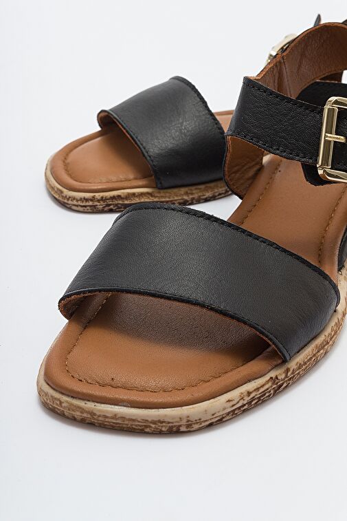 713 Hakıkı Derı Sıyah Kadın Sandalet - Görsel 6