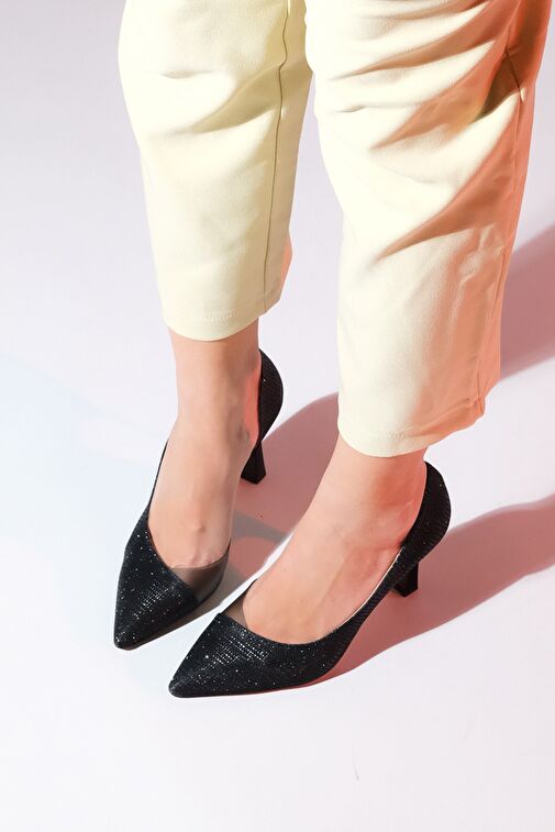 653 Siyah Simli Topuklu Kadın Ayakkabı - Görsel 3