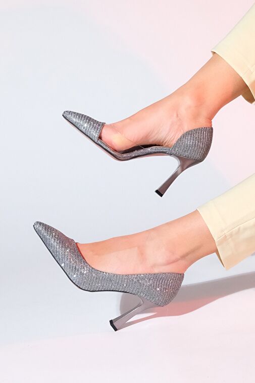 653 Platin Simli Topuklu Kadın Ayakkabı - Görsel 3