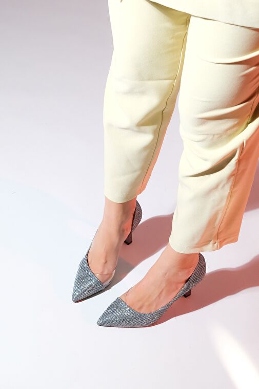 653 Platin Simli Topuklu Kadın Ayakkabı - Görsel 5