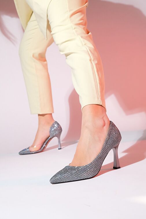 653 Platin Simli Topuklu Kadın Ayakkabı - Görsel 6