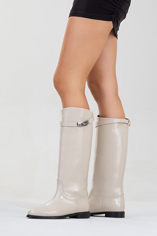 YOKO Bej Cilt Kemerli Kadın Binici Çizme - Görsel 9