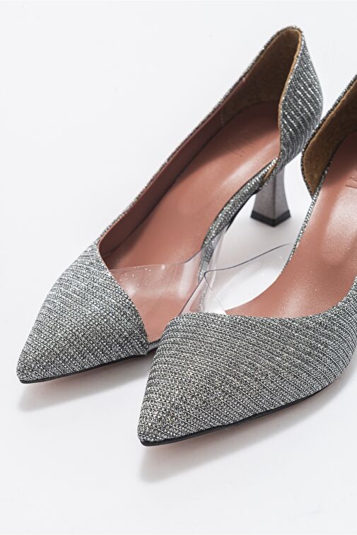 353 Platın Simli Topuklu Kadın Ayakkabı - Görsel 4