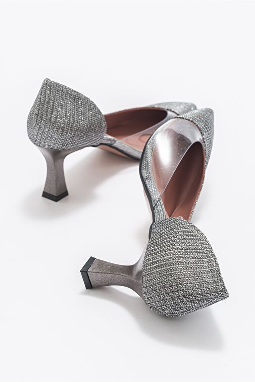 353 Platın Simli Topuklu Kadın Ayakkabı - Görsel 5