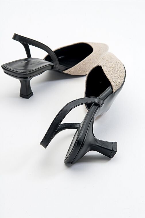 OVER Siyah Bej Tüvit Sivri Burun Kısa Topuklu Kadın Ayakkabı - Görsel 3