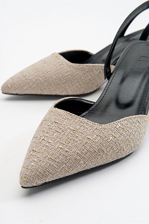 OVER Siyah Bej Tüvit Sivri Burun Kısa Topuklu Kadın Ayakkabı - Görsel 4