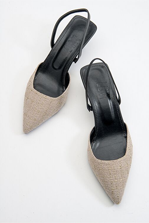 OVER Siyah Bej Tüvit Sivri Burun Kısa Topuklu Kadın Ayakkabı - Görsel 5