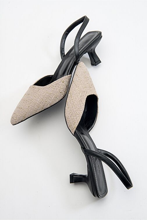 OVER Siyah Bej Tüvit Sivri Burun Kısa Topuklu Kadın Ayakkabı - Görsel 6