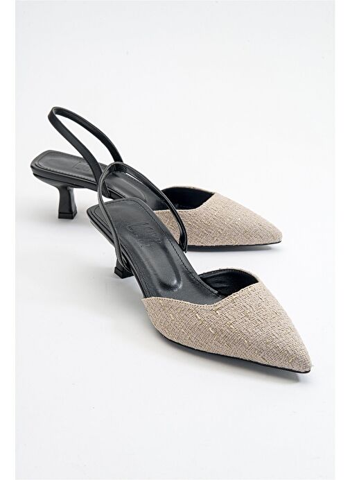 OVER Siyah Bej Tüvit Sivri Burun Kısa Topuklu Kadın Ayakkabı - Görsel 2