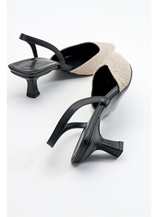 OVER Siyah Bej Tüvit Sivri Burun Kısa Topuklu Kadın Ayakkabı - Görsel 3