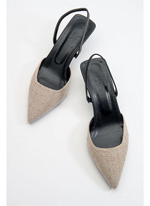 OVER Siyah Bej Tüvit Sivri Burun Kısa Topuklu Kadın Ayakkabı - Görsel 5