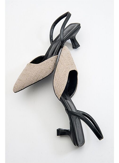 OVER Siyah Bej Tüvit Sivri Burun Kısa Topuklu Kadın Ayakkabı - Görsel 6