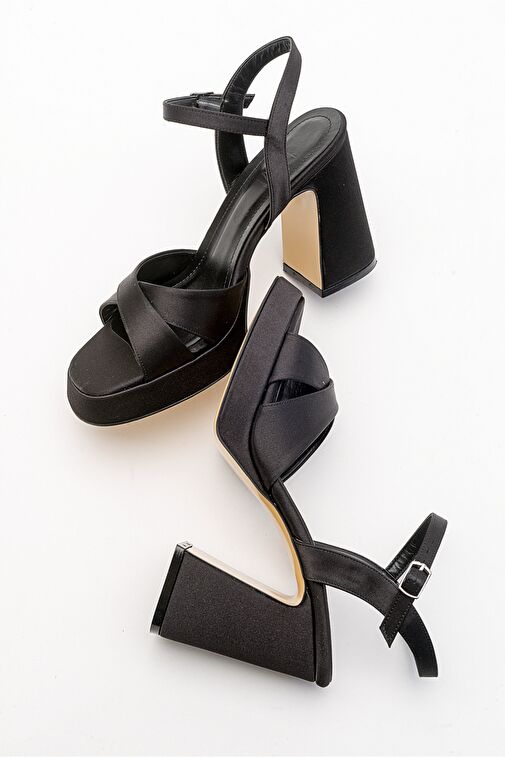 LELLO Siyah Saten Kadın Platform Topuklu Ayakkabı - Görsel 3