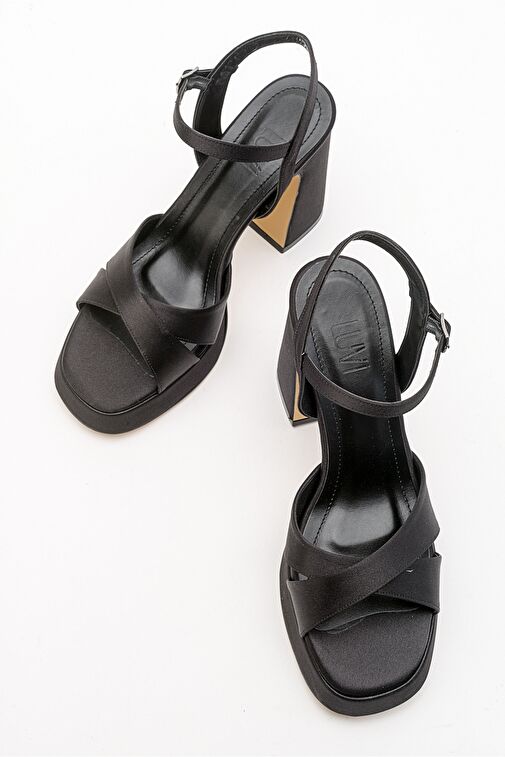 LELLO Siyah Saten Kadın Platform Topuklu Ayakkabı - Görsel 4