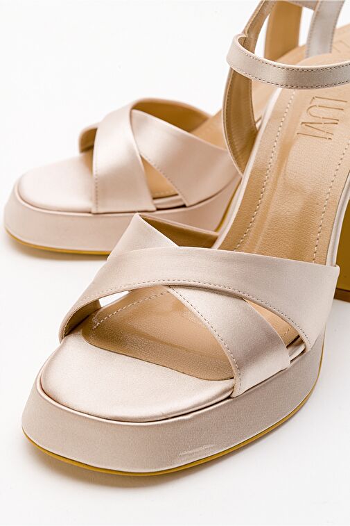 LELLO Bej Saten Kadın Platform Topuklu Ayakkabı - Görsel 3