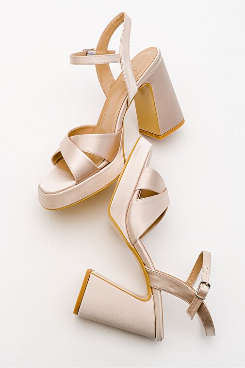 LELLO Bej Saten Kadın Platform Topuklu Ayakkabı - Görsel 4