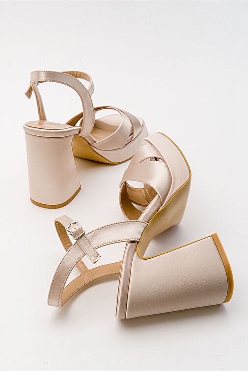 LELLO Bej Saten Kadın Platform Topuklu Ayakkabı - Görsel 6