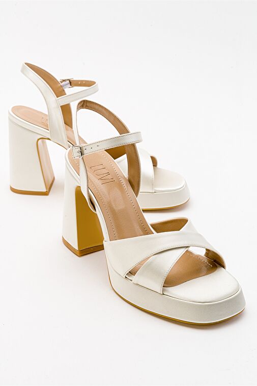 LELLO Ekru Bej Saten Kadın Platform Topuklu Ayakkabı - Görsel 2