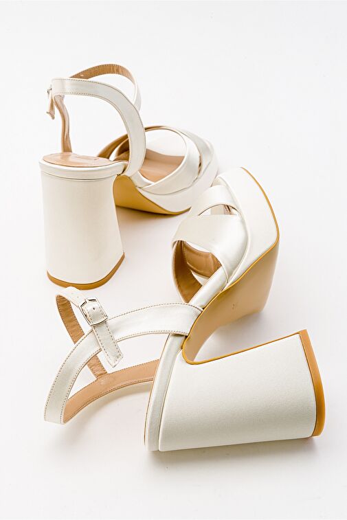 LELLO Ekru Bej Saten Kadın Platform Topuklu Ayakkabı - Görsel 3