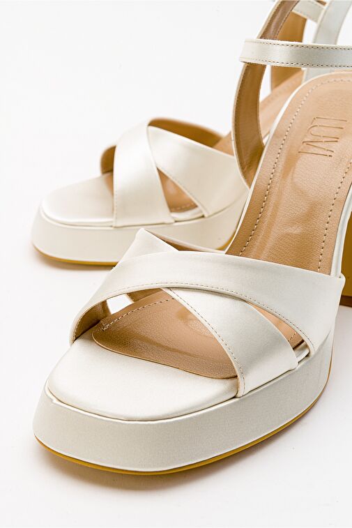 LELLO Ekru Bej Saten Kadın Platform Topuklu Ayakkabı - Görsel 4