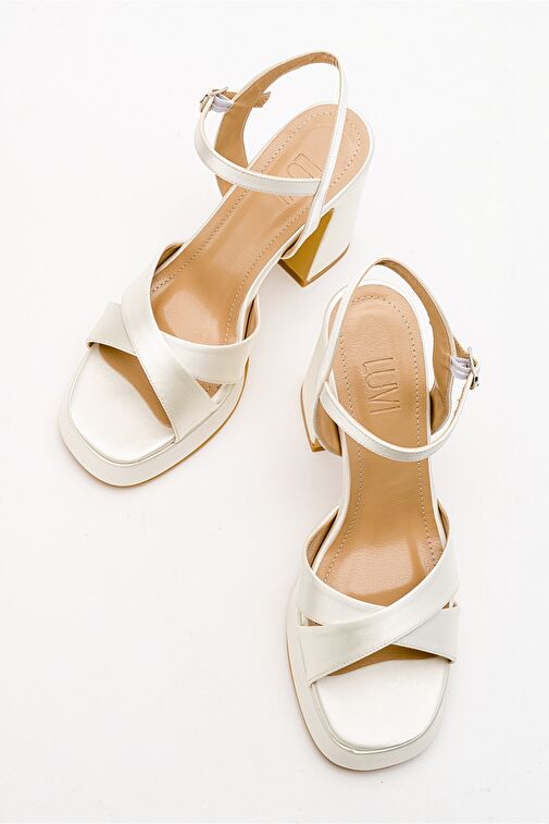 LELLO Ekru Bej Saten Kadın Platform Topuklu Ayakkabı - Görsel 5